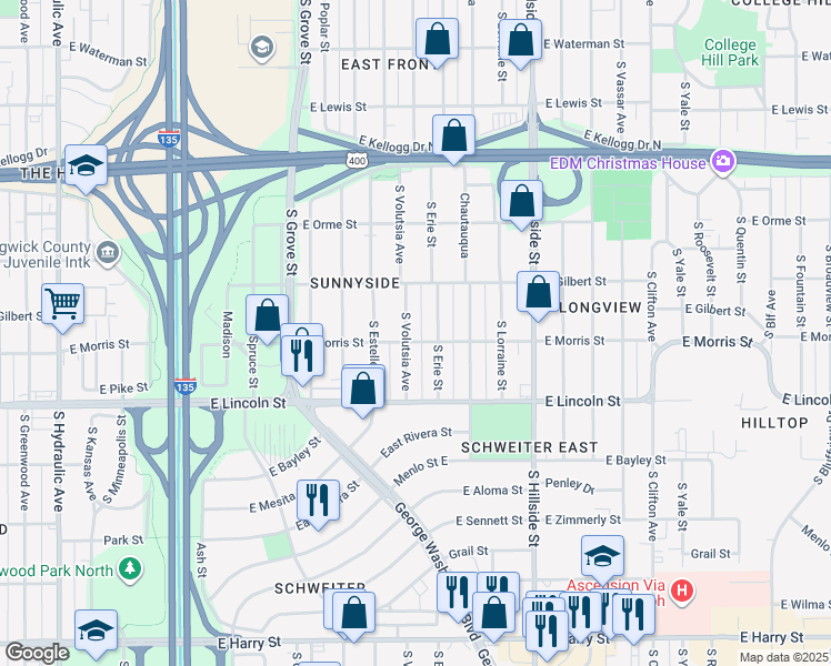 map of restaurants, bars, coffee shops, grocery stores, and more near 748 South Volutsia Street in Wichita