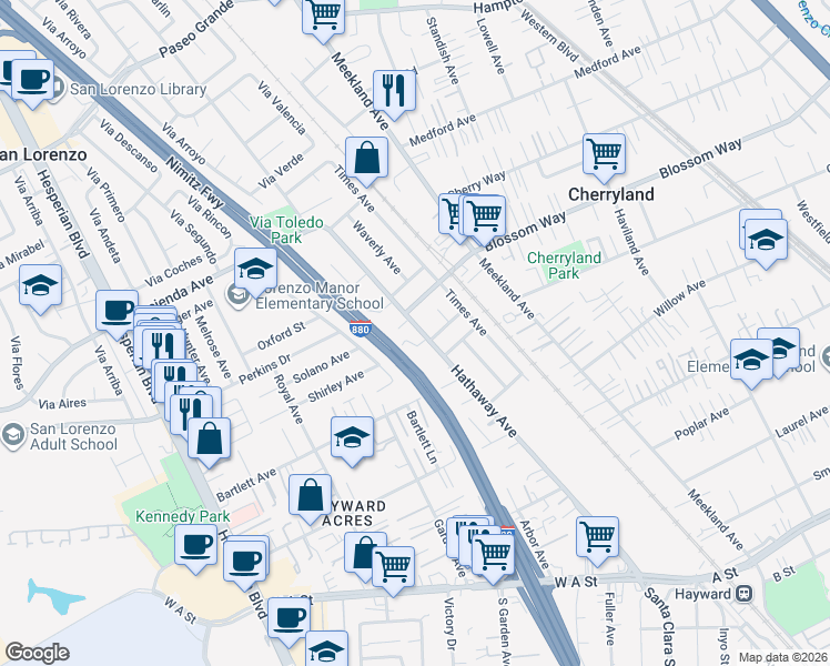 map of restaurants, bars, coffee shops, grocery stores, and more near 20183 Hathaway Avenue in Hayward