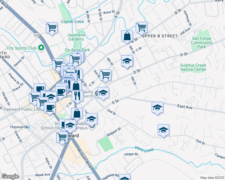 map of restaurants, bars, coffee shops, grocery stores, and more near 1318 Terrace Avenue in Hayward