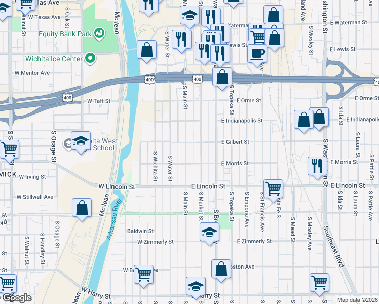 map of restaurants, bars, coffee shops, grocery stores, and more near 1018 South Main Street in Wichita