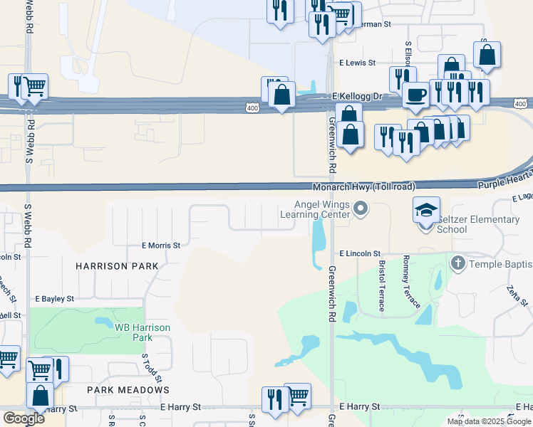 map of restaurants, bars, coffee shops, grocery stores, and more near 720 South Smithmoor Circle in Wichita