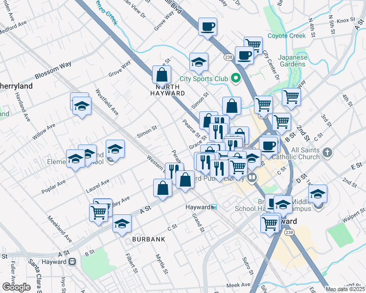map of restaurants, bars, coffee shops, grocery stores, and more near 22285 Montgomery Street in Hayward