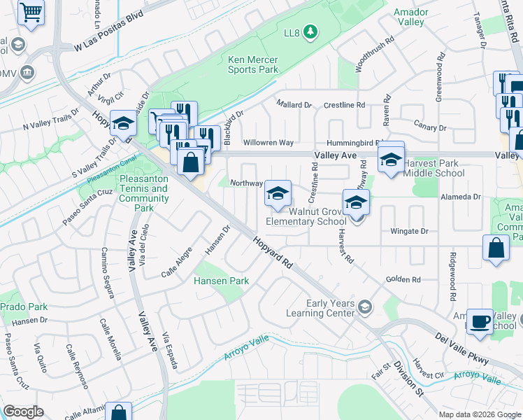 map of restaurants, bars, coffee shops, grocery stores, and more near 2179 Goldcrest Circle in Pleasanton