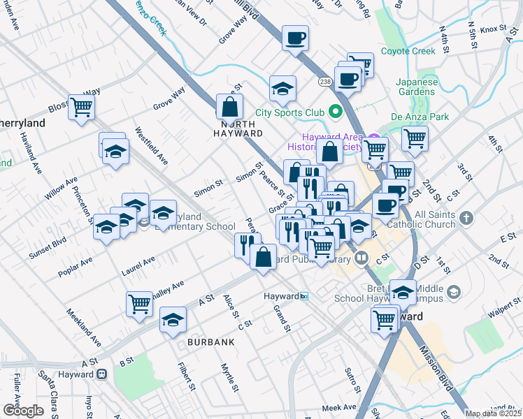 map of restaurants, bars, coffee shops, grocery stores, and more near 22285 Montgomery Street in Hayward