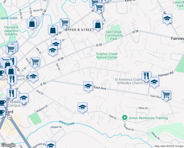 map of restaurants, bars, coffee shops, grocery stores, and more near 24158 Dover Lane in Hayward