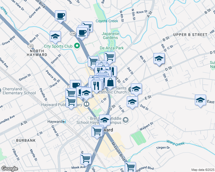 map of restaurants, bars, coffee shops, grocery stores, and more near 22612 Foothill Boulevard in Hayward