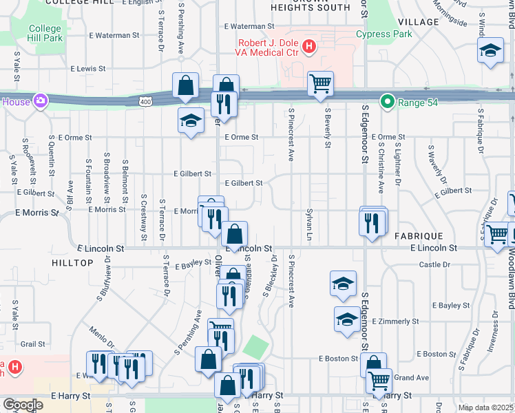 map of restaurants, bars, coffee shops, grocery stores, and more near 4919 East Morris Street in Wichita