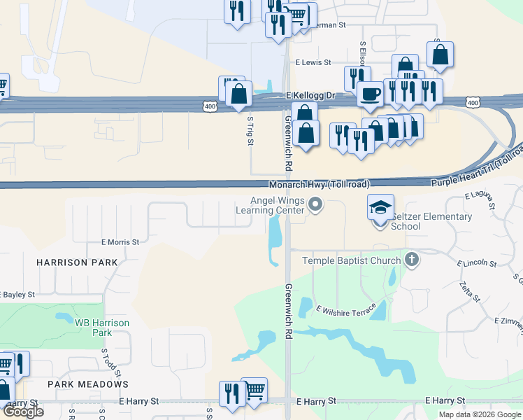map of restaurants, bars, coffee shops, grocery stores, and more near 712 Deer Haven Court in Wichita