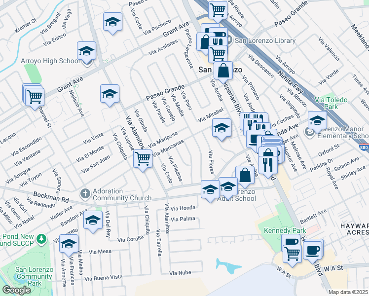 map of restaurants, bars, coffee shops, grocery stores, and more near 17015 Vía Pasatiempo in San Lorenzo