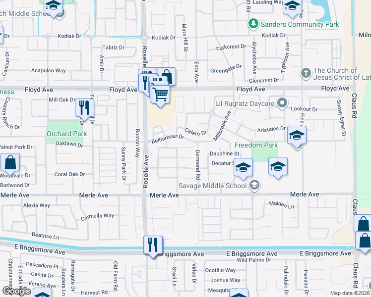 map of restaurants, bars, coffee shops, grocery stores, and more near 3146 Center Court Drive in Modesto