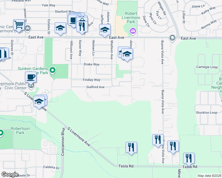 map of restaurants, bars, coffee shops, grocery stores, and more near 4363 Guilford Avenue in Livermore