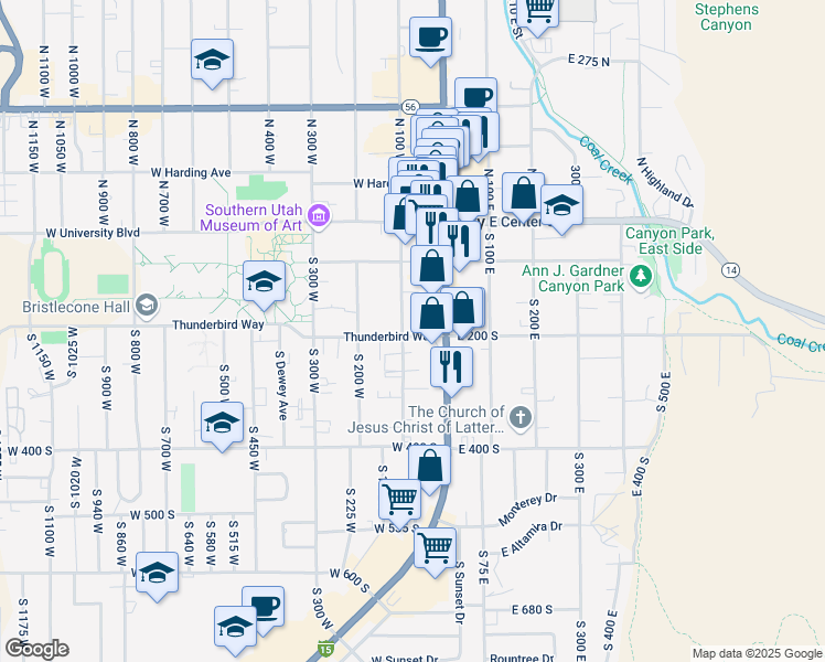 map of restaurants, bars, coffee shops, grocery stores, and more near 190 South Main Street in Cedar City