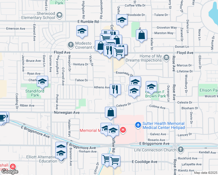 map of restaurants, bars, coffee shops, grocery stores, and more near 1216 Athens Avenue in Modesto