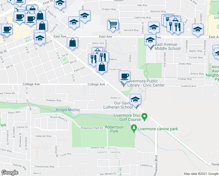 map of restaurants, bars, coffee shops, grocery stores, and more near in Livermore