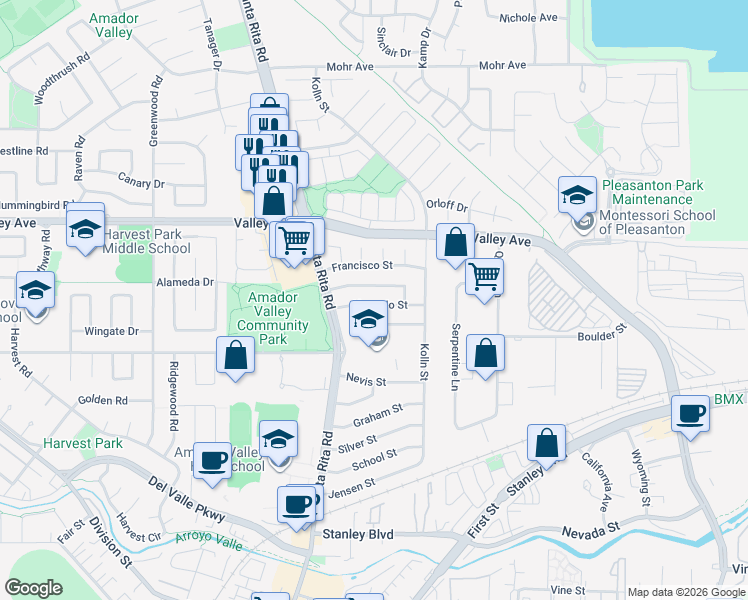map of restaurants, bars, coffee shops, grocery stores, and more near 4091 Alvarado Street in Pleasanton