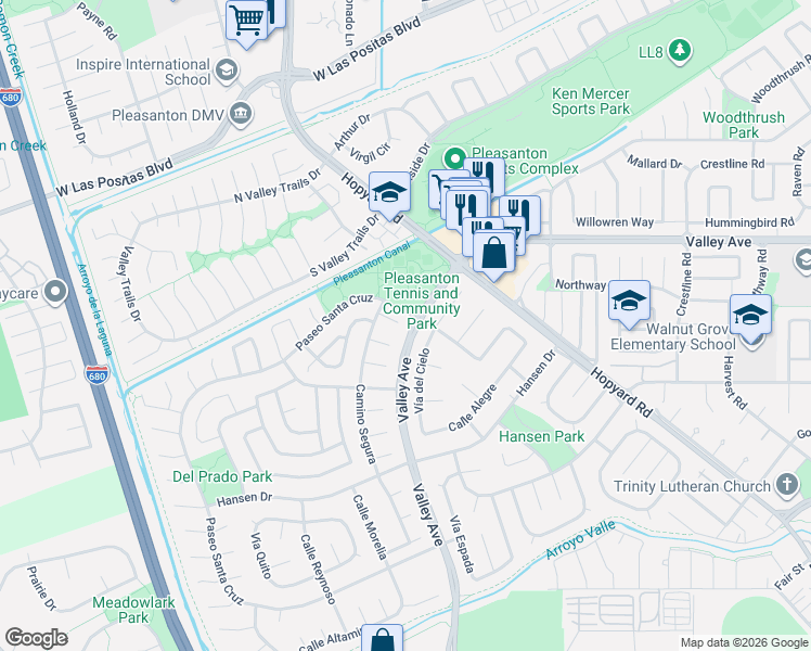map of restaurants, bars, coffee shops, grocery stores, and more near 5943 Corte Arboles in Pleasanton