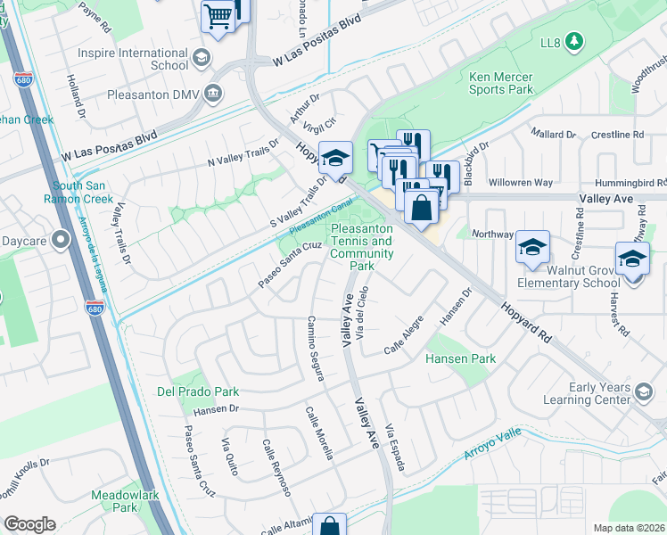 map of restaurants, bars, coffee shops, grocery stores, and more near 2882 Camino Segura in Pleasanton