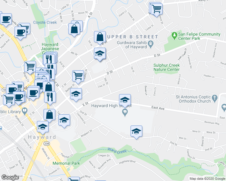map of restaurants, bars, coffee shops, grocery stores, and more near 22869 5th Street in Hayward