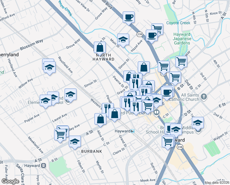 map of restaurants, bars, coffee shops, grocery stores, and more near in Hayward