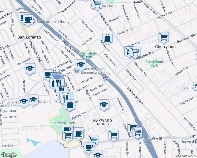 map of restaurants, bars, coffee shops, grocery stores, and more near 19502 Ricardo Avenue in Hayward