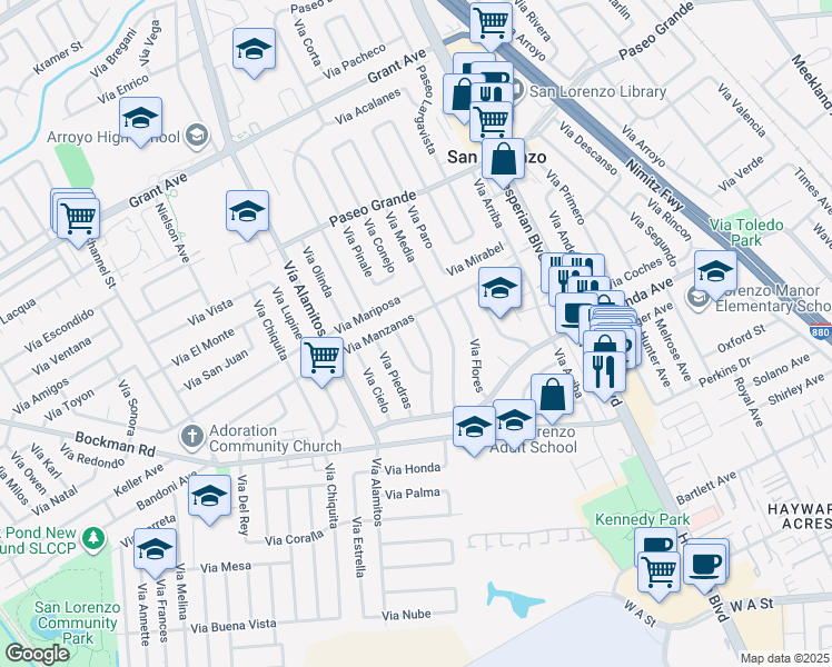 map of restaurants, bars, coffee shops, grocery stores, and more near 15941 Via Arroyo in San Lorenzo