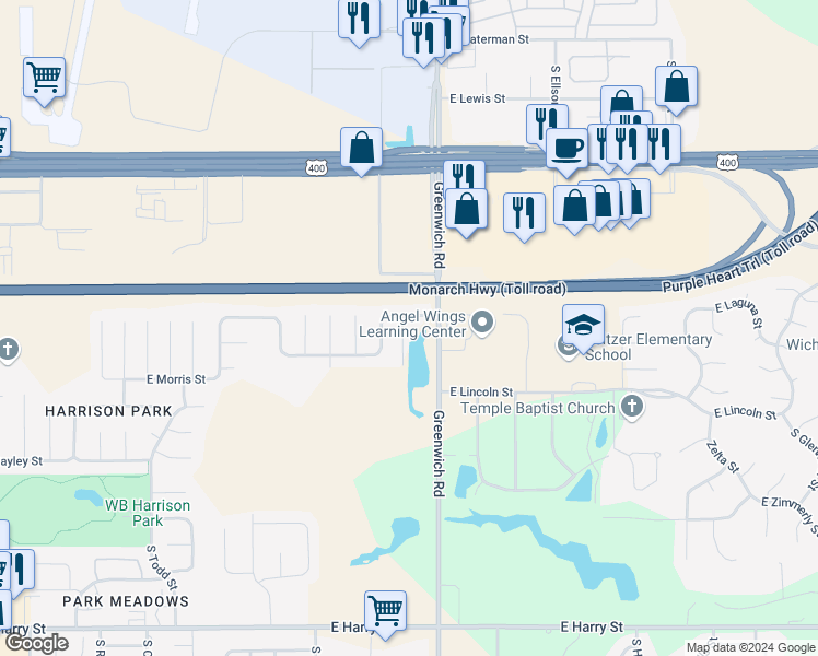map of restaurants, bars, coffee shops, grocery stores, and more near 712 Deer Haven Court in Wichita