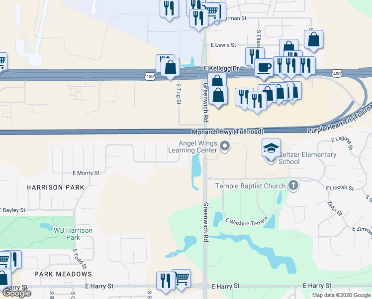 map of restaurants, bars, coffee shops, grocery stores, and more near 712 Deer Haven Court in Wichita