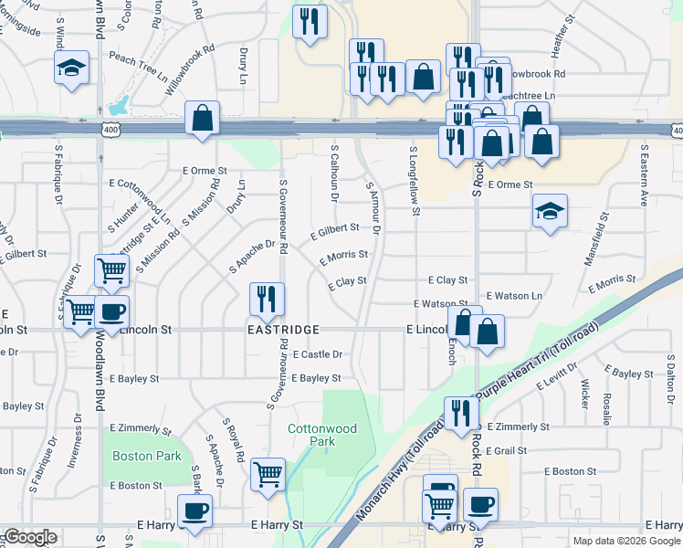 map of restaurants, bars, coffee shops, grocery stores, and more near 7310 East Clay Street in Wichita
