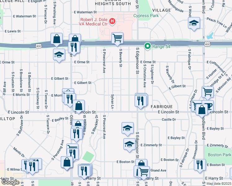 map of restaurants, bars, coffee shops, grocery stores, and more near 5218 East Morris Street in Wichita