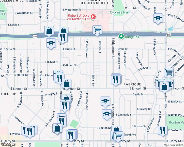 map of restaurants, bars, coffee shops, grocery stores, and more near 5218 East Morris Street in Wichita