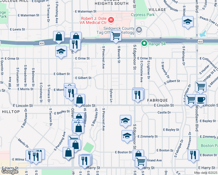 map of restaurants, bars, coffee shops, grocery stores, and more near 5218 East Morris Street in Wichita