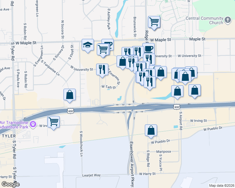 map of restaurants, bars, coffee shops, grocery stores, and more near Eisenhower Airport Parkway in Wichita