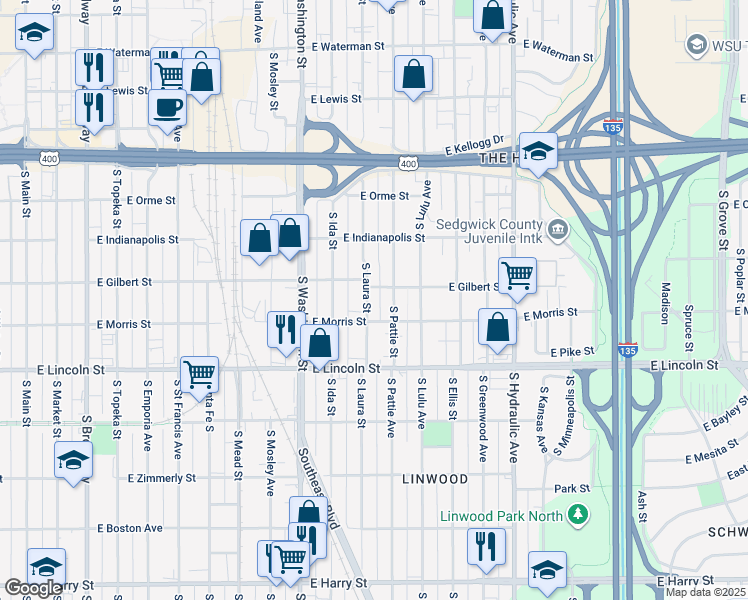 map of restaurants, bars, coffee shops, grocery stores, and more near 1010 South Laura Street in Wichita