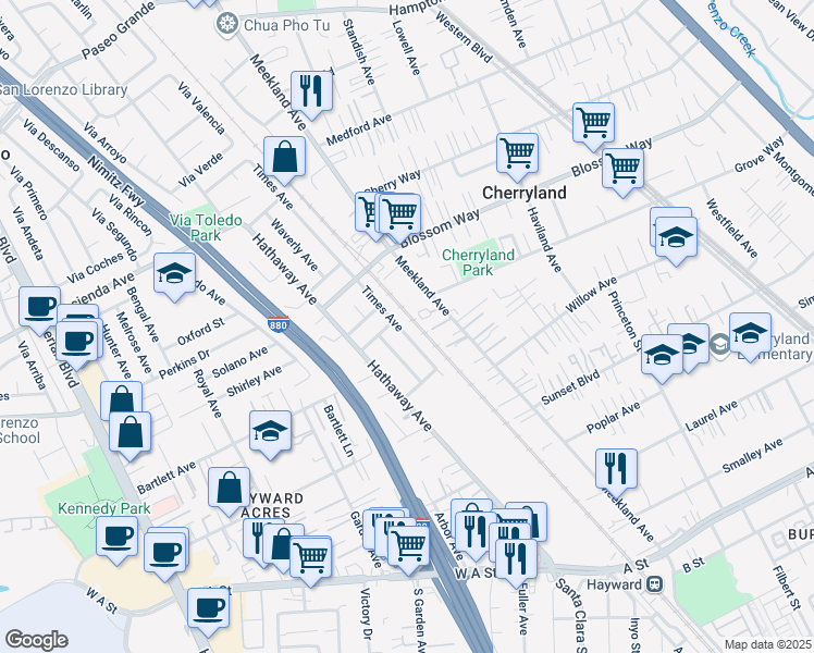 map of restaurants, bars, coffee shops, grocery stores, and more near 20830 Times Avenue in Hayward