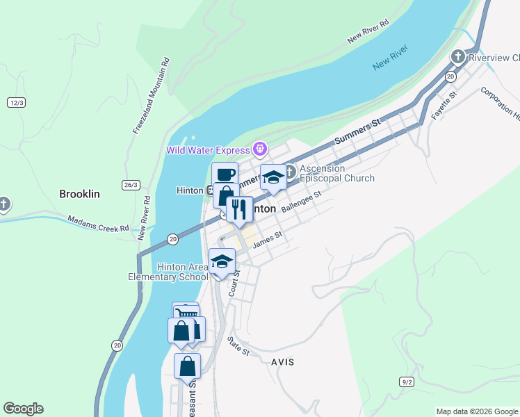 map of restaurants, bars, coffee shops, grocery stores, and more near in Hinton