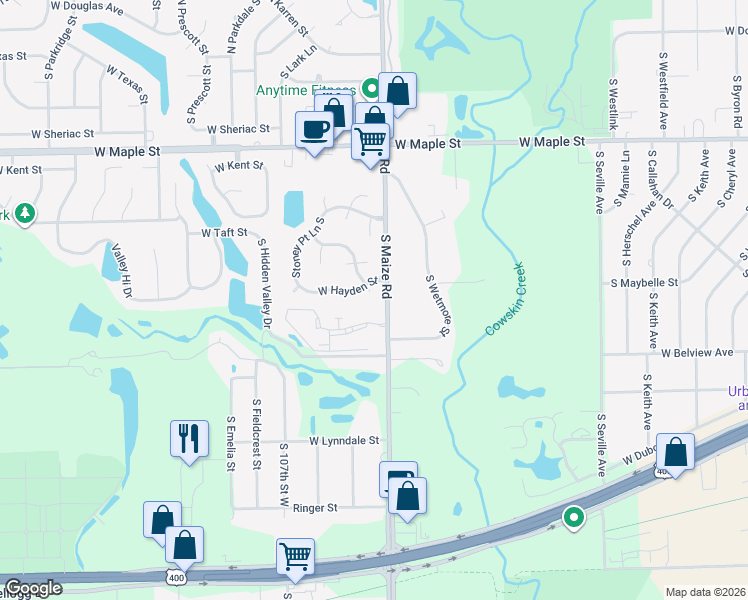 map of restaurants, bars, coffee shops, grocery stores, and more near 10407 Hayden Court in Wichita