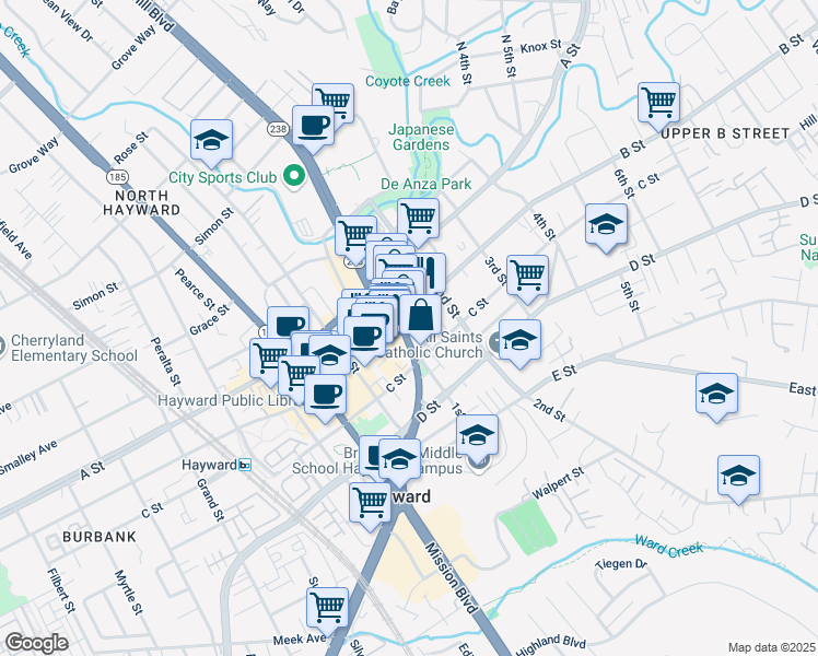 map of restaurants, bars, coffee shops, grocery stores, and more near 22612 Foothill Boulevard in Hayward