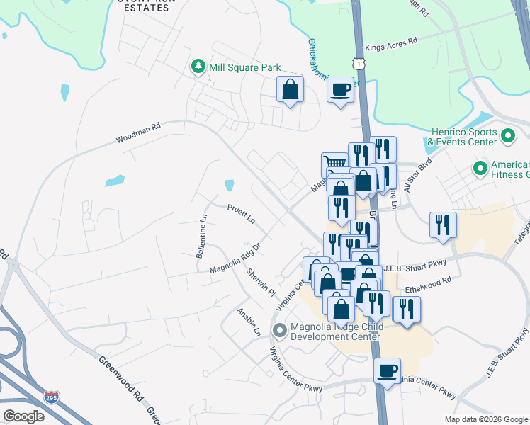 map of restaurants, bars, coffee shops, grocery stores, and more near 10713 Peterfield Lane in Glen Allen