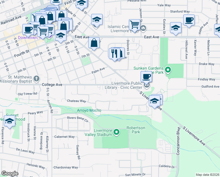 map of restaurants, bars, coffee shops, grocery stores, and more near 1117 Riesling Circle in Livermore