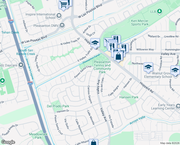 map of restaurants, bars, coffee shops, grocery stores, and more near 2882 Camino Segura in Pleasanton