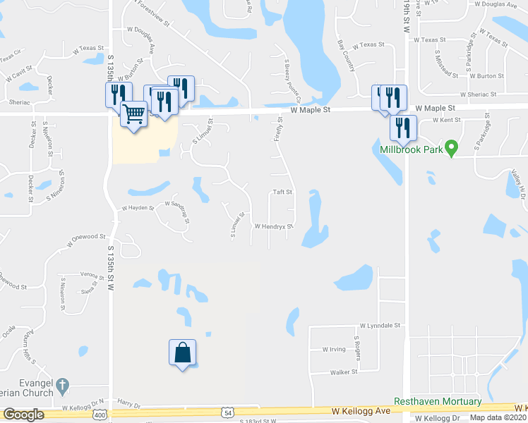 map of restaurants, bars, coffee shops, grocery stores, and more near 521 South Wheatland Street in Wichita