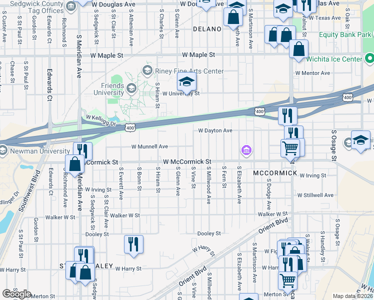 map of restaurants, bars, coffee shops, grocery stores, and more near 1809 Munnell West Street in Wichita