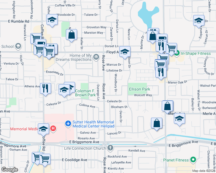 map of restaurants, bars, coffee shops, grocery stores, and more near 2109 Winslow Court in Modesto