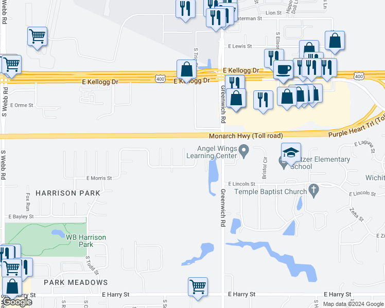 map of restaurants, bars, coffee shops, grocery stores, and more near 11018 East Fawn Grove Street in Wichita
