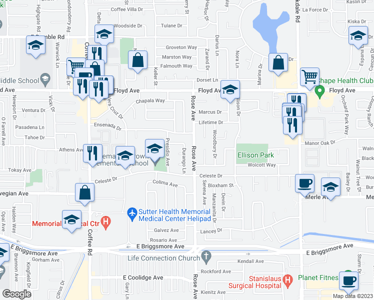 map of restaurants, bars, coffee shops, grocery stores, and more near 2104 Durango Lane in Modesto