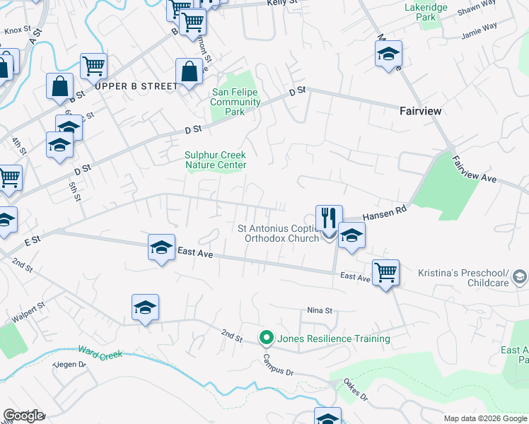 map of restaurants, bars, coffee shops, grocery stores, and more near 2019 E Street in Hayward