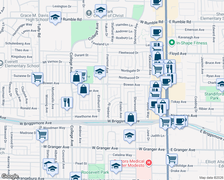 map of restaurants, bars, coffee shops, grocery stores, and more near 2117 Regent Ct in Modesto