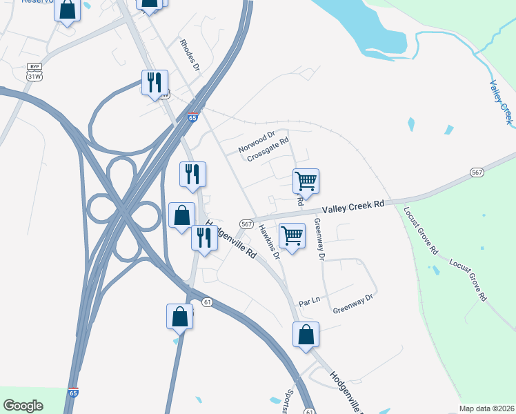 map of restaurants, bars, coffee shops, grocery stores, and more near 1131 Hawkins Drive in Elizabethtown