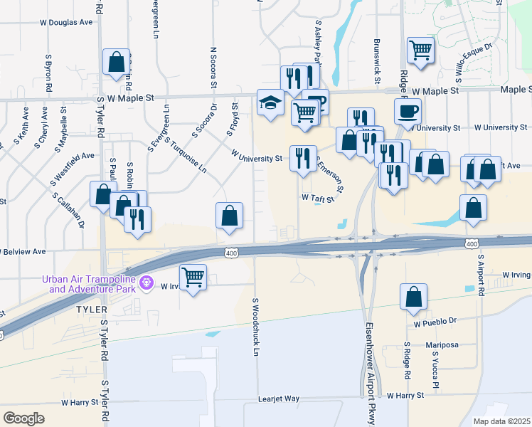 map of restaurants, bars, coffee shops, grocery stores, and more near 548 South Woodchuck in Wichita