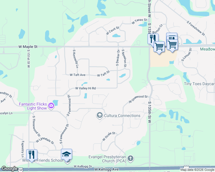 map of restaurants, bars, coffee shops, grocery stores, and more near 14126 West Valley Hi Road in Wichita